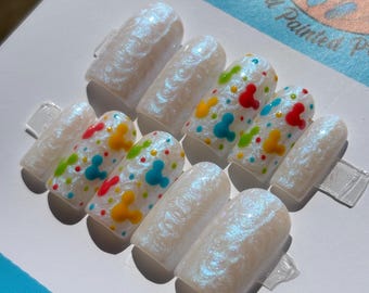 Disney Rainbow Mickey Pearl Press On Nails | Hand Painted Custom Nail Art | Reusable Short Glue On Nails | Mani by Allie