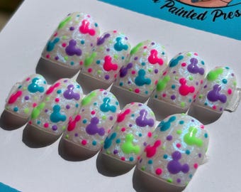 Disney Rainbow Mickey Pearl Press On Nails | Hand Painted Custom Nail Art | Reusable Short Glue On Nails | Mani by Allie