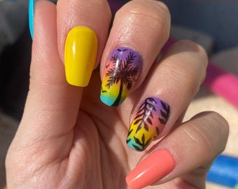 Tropical Palm Tree Ombre Summer Vacation Press On Nails | Hand Painted Reusable Glue On Nails | Mani by Allie