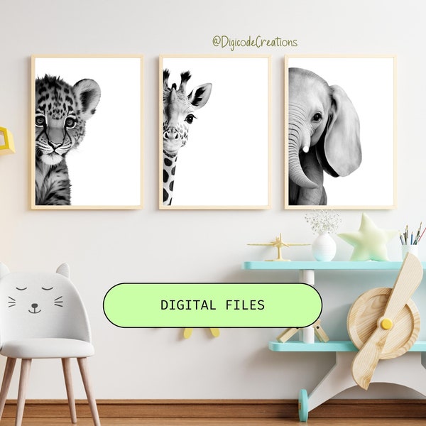 DIGITAL Set of 3 Black and White Safari Animal, Nursery Wall Art Decor, Animals of the Woodlands, Baby Shower Gift. Elephant Lion Giraffe