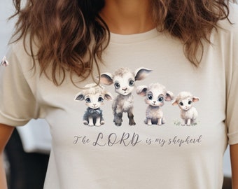 The Lord is My Shepherd Christian T-Shirt with Sheep Lamb Psalm 23:1 Gift for Her Sleeve Print Christian Clothing Good Shepherd