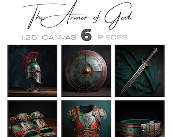 Armor of God Unframed Canvas Prints 16" X 16" 1.25" Depth Home Decor Inspirational Art Belt, Shield, Sandals, Helmet, Breastplate, and Sword