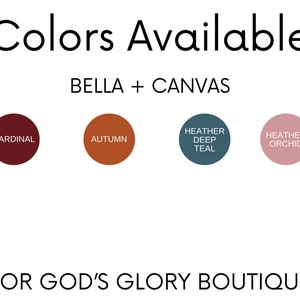 May include: Four color swatches for Bella + Canvas fabric. The colors are cardinal red, autumn orange, heather deep teal, and heather orchid.