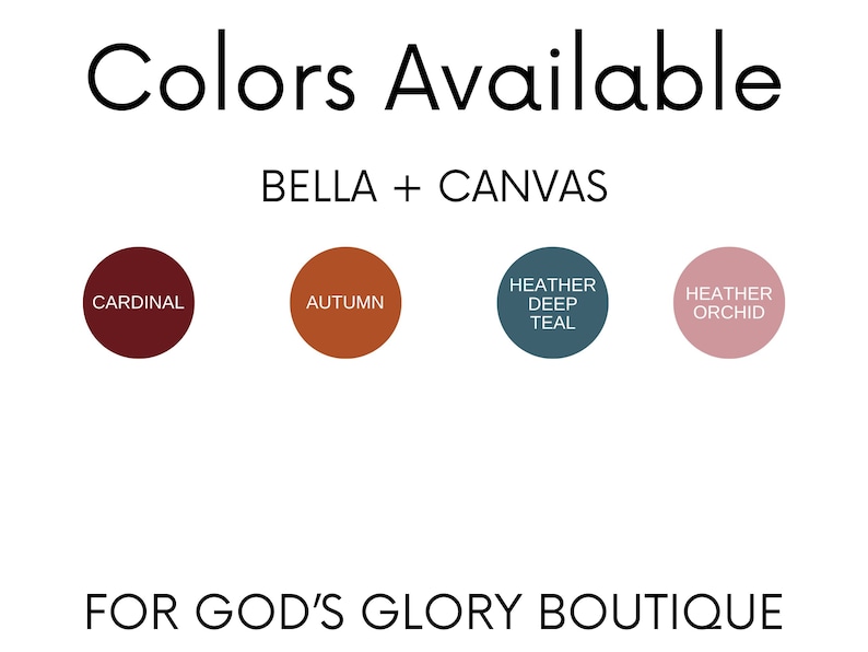 May include: Four color swatches for Bella + Canvas fabric. The colors are cardinal red, autumn orange, heather deep teal, and heather orchid.