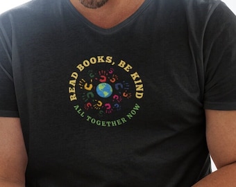 Summer Reading, All Together Now, Read Books, Be Kind with Earth Symbol, Unisex V-Neck T-shirt