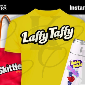 May include: A digital download of a set of five graphic designs featuring popular candy brands. The designs include Laffy Taffy, Skittles, Airheads, and Hubba Bubba. The designs are in SVG, PNG, EPS, and JPEG formats.