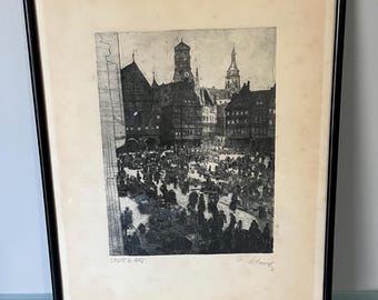 Vintage Etching of Market Square by German artist, Oskar Schenk