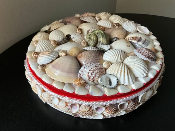 Shell 6” Round Trinket Box with Red Velvet lining - image 7
