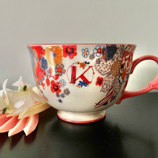 Anthropologie Footed Pedestal Coffee Tea Cup Mug Orange Flower Boho Initial K 16oz