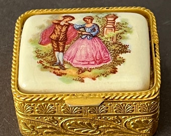 Rococo Italian Porcelain and Brass Embellished Pill Box Retro