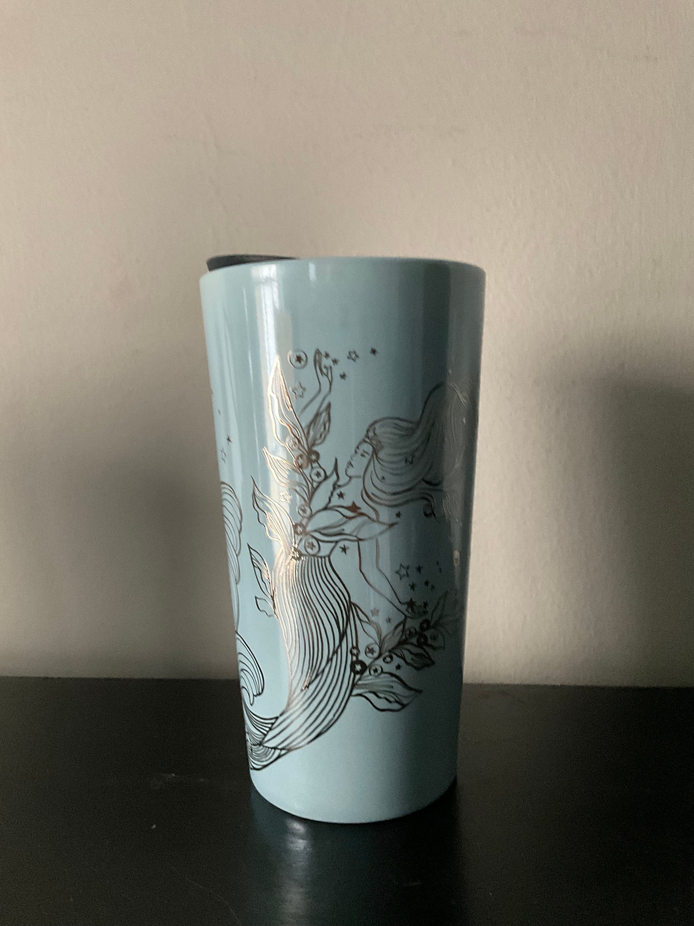 New Winter 2023 Starbucks Silver Siren / Mermaid on Baby Blue - 12oz Ceramic Travel Tumbler with Lid