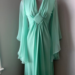 1970s Sea Foam Green Sheer Sleeve Gown