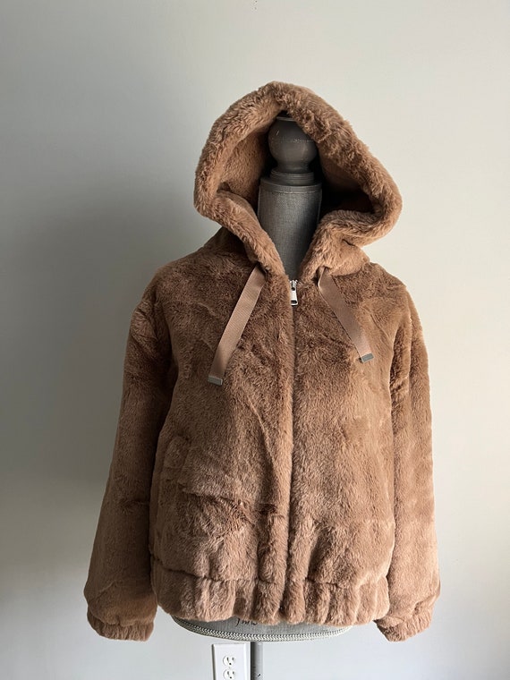 Rachel Zoe Faux Fur Teddy Brown Hooded Jacket Size