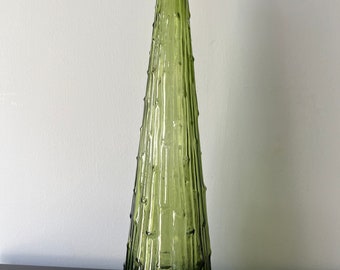 Vintage EMPOLI Made in Italy, Decanter, No Stopper, Wax Drip, Bamboo Pattern Olive Green Glass, MCM