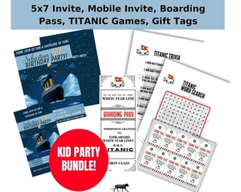 TITANIC KIDS Birthday Invite, Custom Printable, Editable Instant Download, Party Bundle Boarding Pass, Games, Thank you Tags, Boat Bday