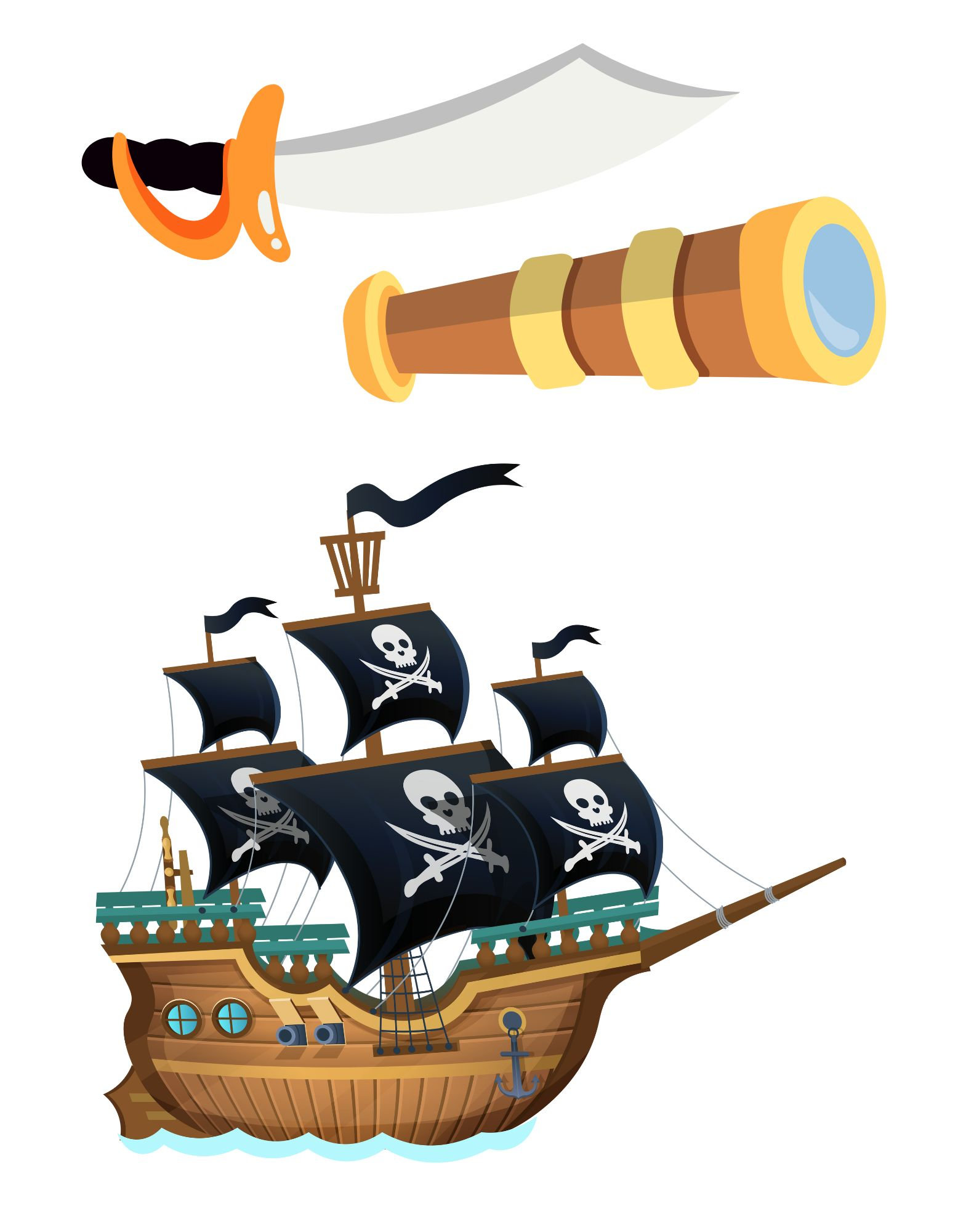 Pirate Kids Cake Topper Printable and Accessories Treasure Chest Island Pirate Decor Theme Ships ...