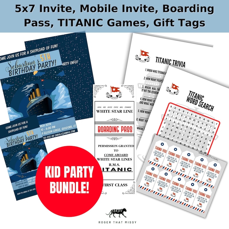 TITANIC KIDS Birthday Invite, Custom Printable, Editable Instant Download, Party Bundle Boarding Pass, Games, Thank you Tags, Boat Bday