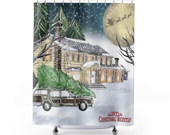 Christmas Vacation Movie Shower Curtain, Holiday shower curtain, Bath Curtain, XMAS Gift, Clark Griswold House Decor, Snow, Santa, Festive