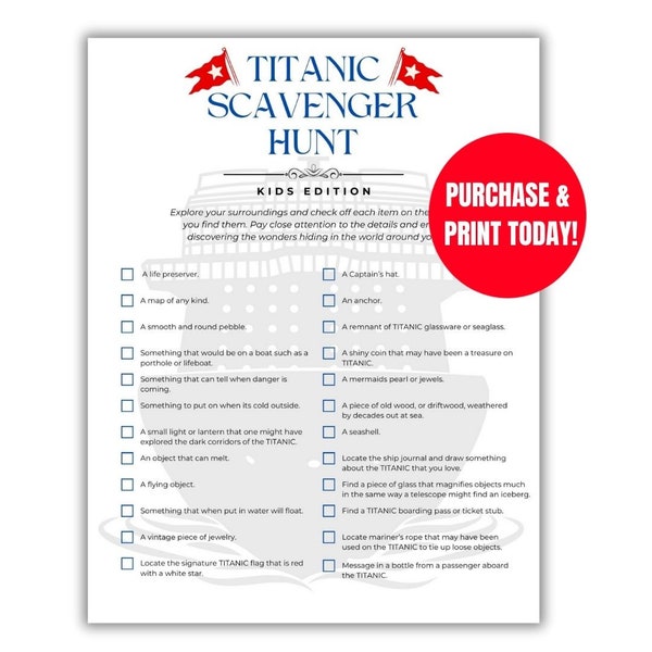 TITANIC Kids Scavenger Hunt -  Titanic Birthday Party Printable - Last minute TITANIC Games - Purchase, Download, Print Instantly