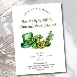 St. Patrick&#39;s Day Party Invitation Editable Saint Patricks Day Party Invite Minimalist St Patricks Day Invitation, Shamrock Instant Download