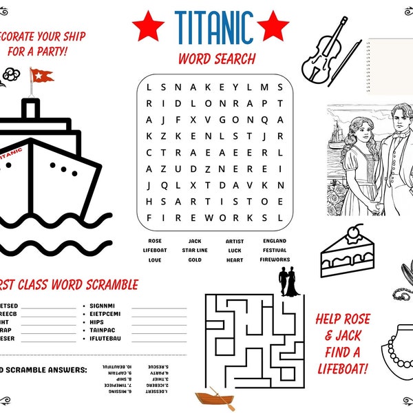 TITANIC KIDS Placemat Games/Activities, TITANIC Coloring, WordSearch, Word Scramble, Passport/Boarding Pass for Role Playing, Titanic Bday