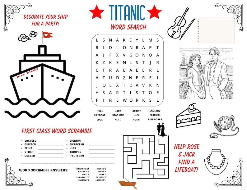 TITANIC KIDS Placemat Games/activities, TITANIC Coloring, Wordsearch ...