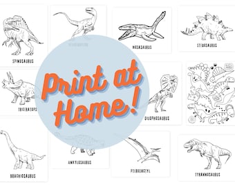 May include: A printable sheet of 10 black and white dinosaur illustrations. The sheet includes dinosaurs such as Spinosaurus, Triceratops, Brachiosaurus, Ankylosaurus, Pterodactyl, Tyrannosaurus Rex, Dilophosaurus, Stegosaurus, and Mosasaurus. The text "Print at Home!" is in the center of the sheet.