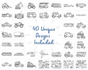 May include: A set of 40 black and white line drawings of various vehicles, including cars, trucks, buses, airplanes, and construction equipment. The drawings are simple and easy to color.