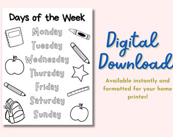 May include: Black and white printable worksheet with the days of the week listed in order. Each day is paired with a simple illustration, such as a book, pencil, apple, star, ruler, backpack, and apple.