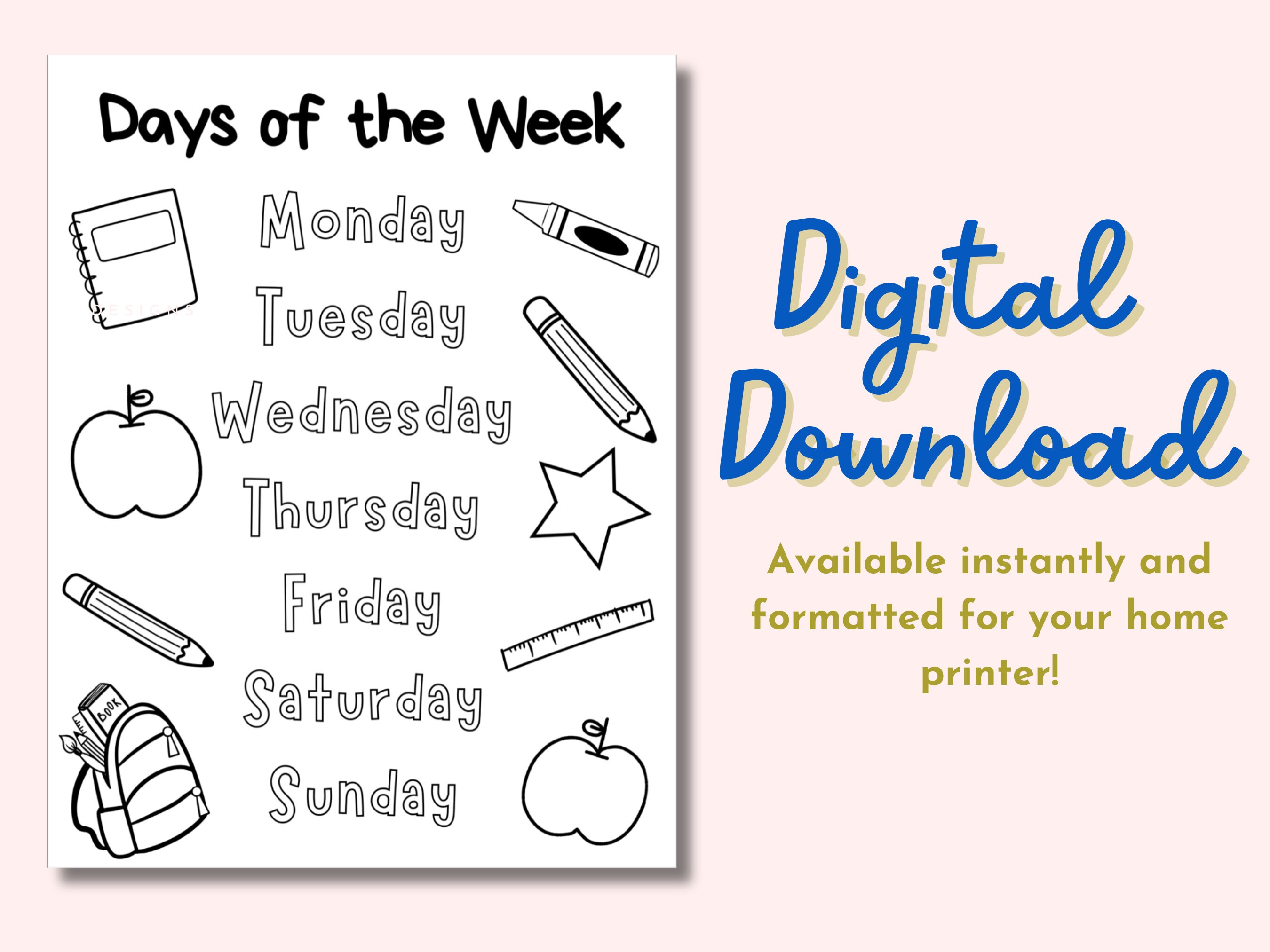 Days of the Week Printable | Instant Download Coloring Sheets | Back to ...
