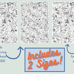 May include: Two black and white printable insect illustrations. The image shows two different sizes of the same illustration. The text "Includes 2 Sizes!" is in the center of the image. The text "2 ft x 3ft engineering print. These are HUGE!" is below the left illustration. The text "8.5 x 11 inches for home printers" is below the right illustration.