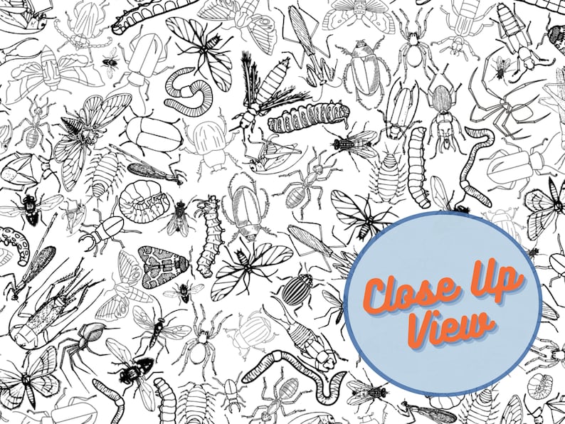 May include: Black and white line drawing of various insects, including beetles, butterflies, moths, spiders, and worms. The image is a seamless pattern, meaning it repeats infinitely. The text "Close Up View" is in the lower right corner of the image.