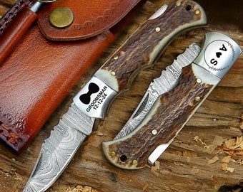 Handmade Damascus Pocket Knife Stag Horn Deer Antler Handle Pocket Knife for Hunting Camping Anniversary Gift Personalized Gift Wedding Gift