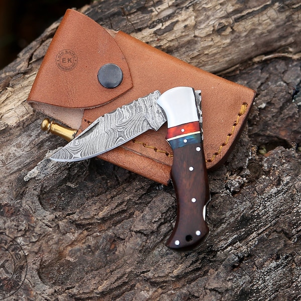 Handmade Pocket Knife Damascus Folding Knives Rose Wood Handle Gift for Men USA Groomsmen Gift Anniversary Gift Birthday Gift Wedding Gift