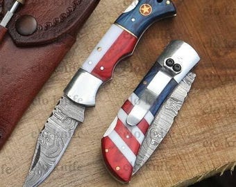 Custom Patriotic Pocket Knife Handmade Damascus Folding Knife American Texas Flag Handle W/ Belt Clip Anniversary, Personalized Gift for Him