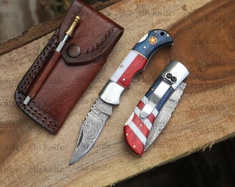 Custom Pocket Knife Handmade Damascus Folding Knives USA Texas Flag Handle Wedding Gift Anniversary Gift Personalized Gift for him