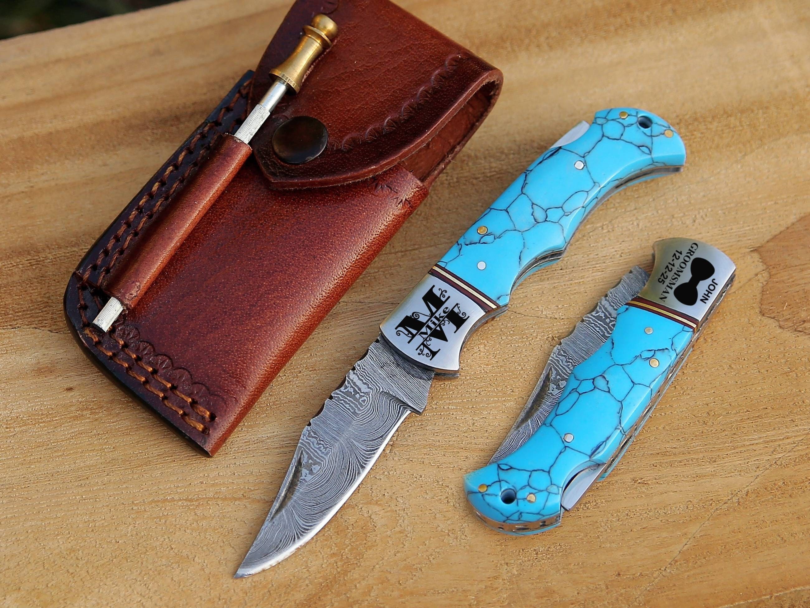 Turquoise Damascus Pocket Knife, Handmade Gemstone Knife for Luxury Gifts, Personalized Engravings, Anniversaries, and Unique Gifts for Him