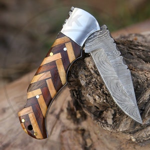 Custom Handmade Damascus Pocket Knife Folding Knife Rose & Olive Wood Handle USA Groomsmen Gift Personalized Gift Anniversary Gift for Him