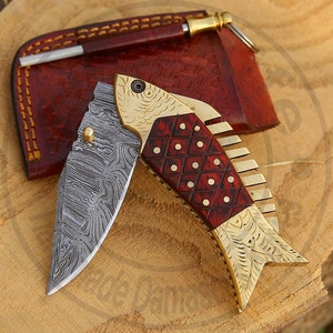 Handmade pocket knife Damascus Folding Knife Fish Knife Pakkawood Wood Handle Anniversary gift for him Groomeman gift A Perfect gift