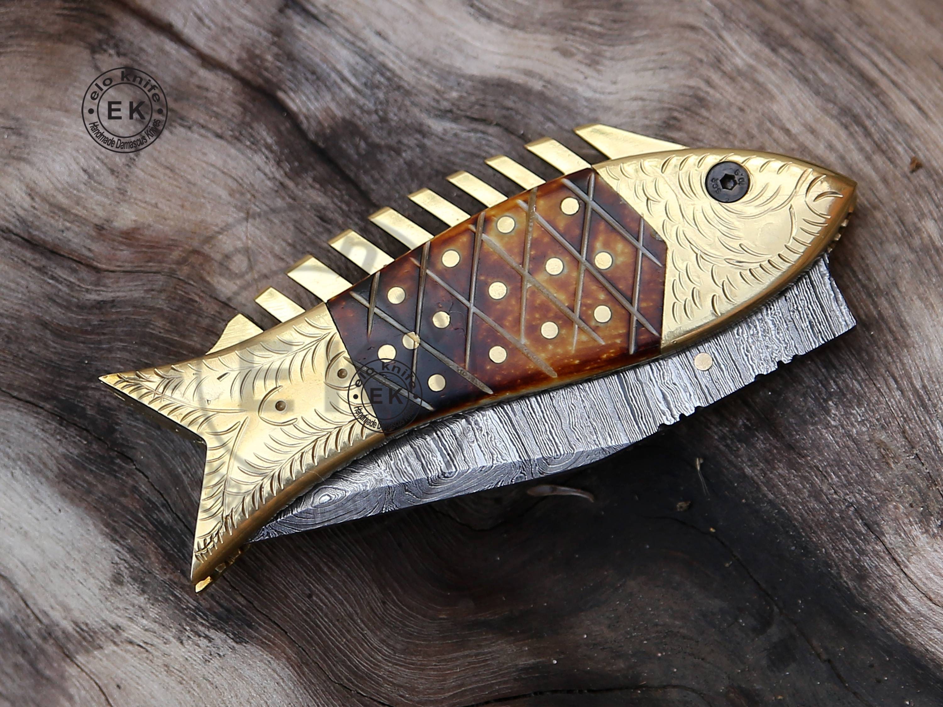 Handmade Fish Pocket Knife Damascus Folding Knife Bone Handle Etsy