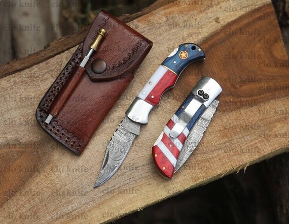 Custom Pocket Knife Handmade Damascus Folding Knives USA Texas Flag Handle Wedding Gift Anniversary Gift Personalized Gift for him