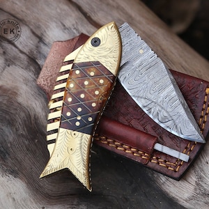 Handmade Fish Pocket Knife Damascus Folding Knife Bone Handle Special Gift for Any Occasion Personalized Gift USA Anniversary Gift for him