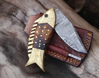 Handmade Fish Pocket Knife Damascus Folding Knife Bone Handle Special Gift for Any Occasion Personalized Gift USA Anniversary Gift for him