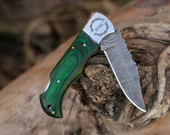 Handmade Damascus Pocket Knife Green Wood Handle Birthday Gift Folding Knives, Groomsmen Gift, Anniversary Gift, Gift for mens, Gift for Him