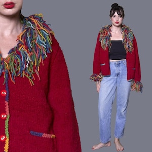 Red Wool Jacket with Colorful Fringed Collar & Cuffs, Hand-Knit, Boho Rainbow Cardigan, Unique Cozy Vintage 90s