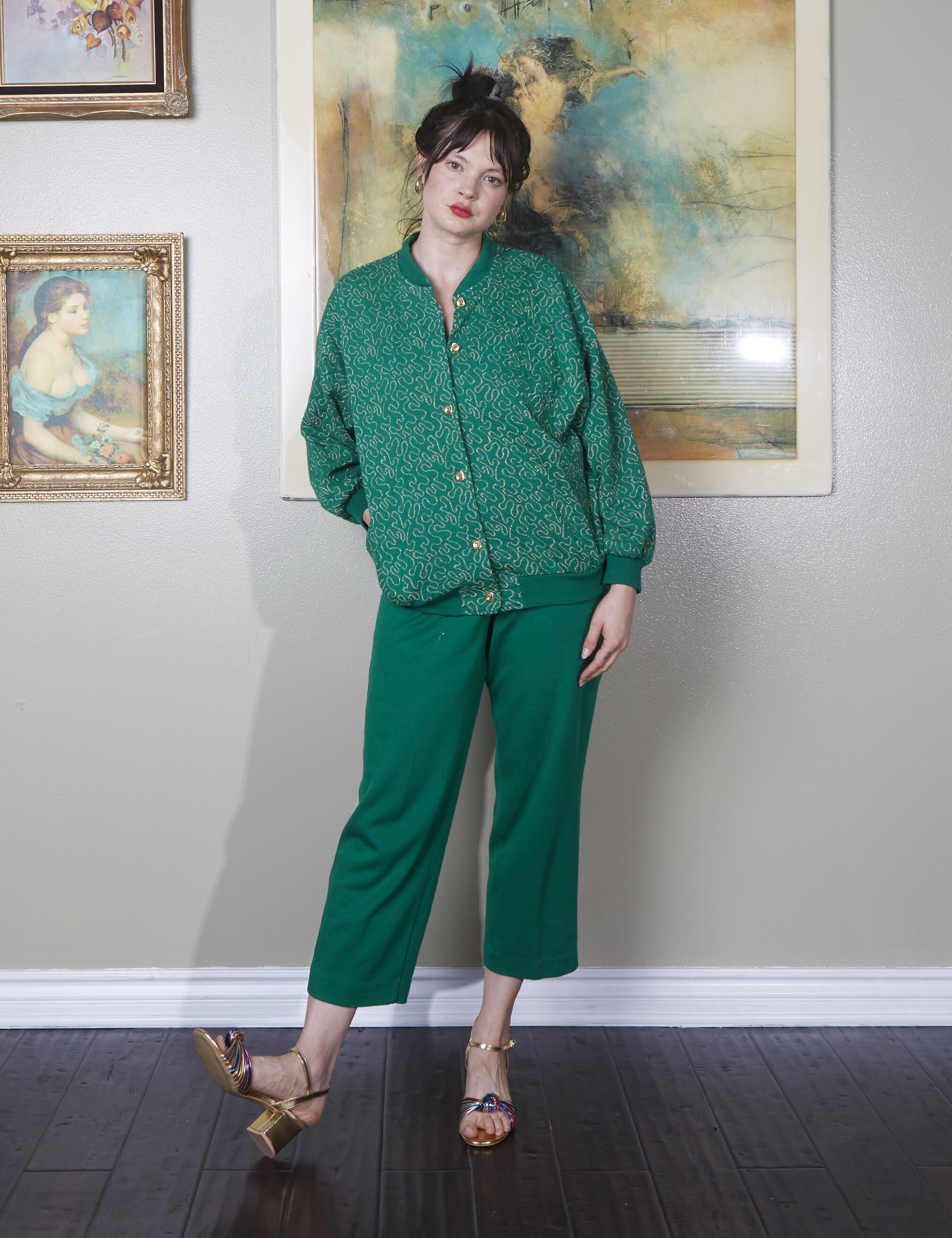 MATCHING VINTAGE SWEATSUIT 80S gold green matching set pants jacket two Piece Outfit lg large disco elastic pant metallic jacket abstract MATCHING VINTAGE SWEATSUIT 80S gold green matching set pants jacket two Piece Outfit lg large disco elastic pant metallic jacket abstract