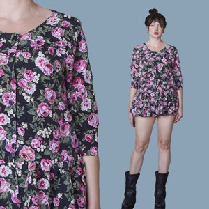 80s MINI DRESS Baby doll dress floral mini party dress kitsch flower print rose pink mini 90s grunge dress