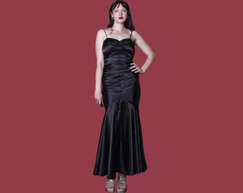 80s EVENING GOWN fishtail black prom dress vintage cocktail dress ruffle fitted bodycon maxi black tie formal dress glam