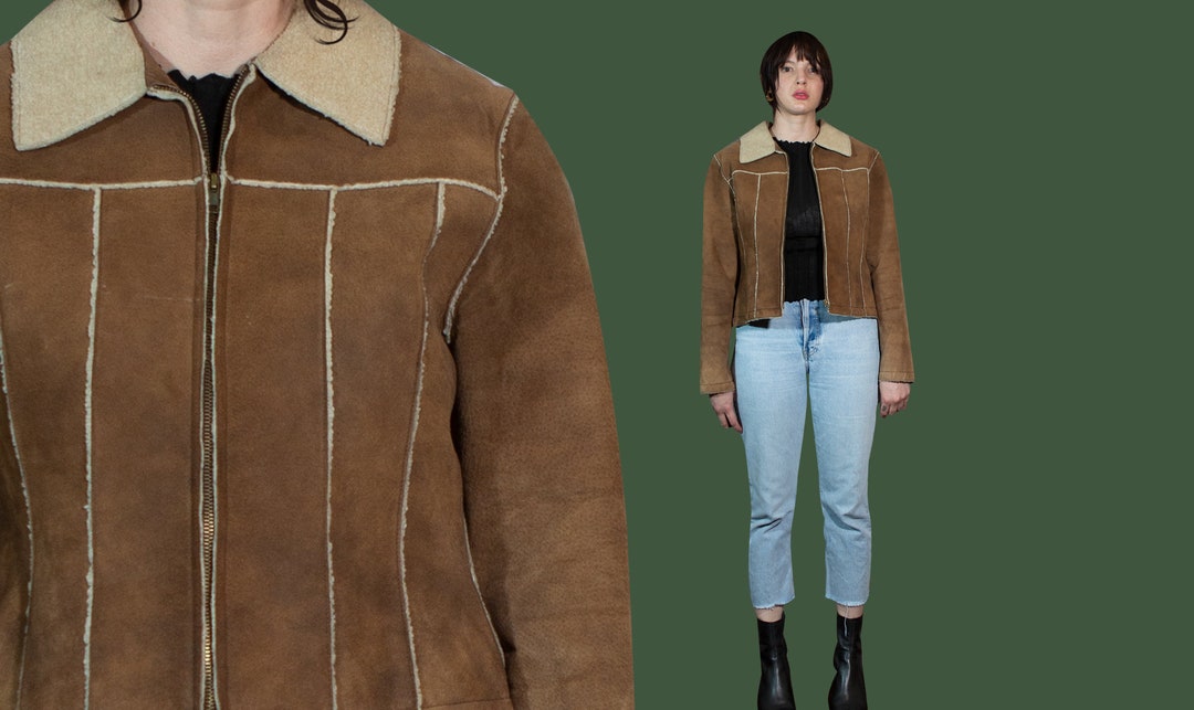 Wrangler Lederjacke Frau Braun Schaffell Lammfell Mantel Vintage