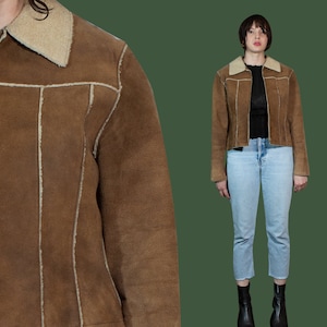 Wrangler Leather jacket woman Brown Sheepskin Shearling Coat Vintage Jacket  70&#39;s brown leather jacket with wool inside Winter jacket moto